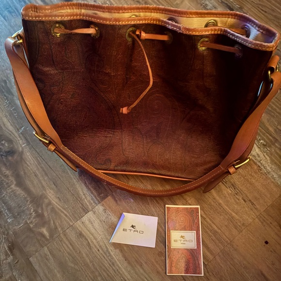 Etro Elegant Brown and Tan Paisley Drawstring Shoulder Bag